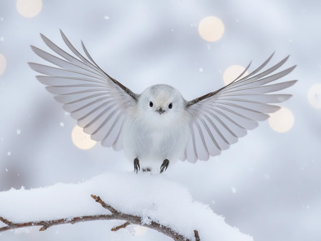 Burung Shima Enaga putih (Aegithalos caudatus japonicus) mendarat dengan sayap terbuka di ranting pohon berselimut salju.