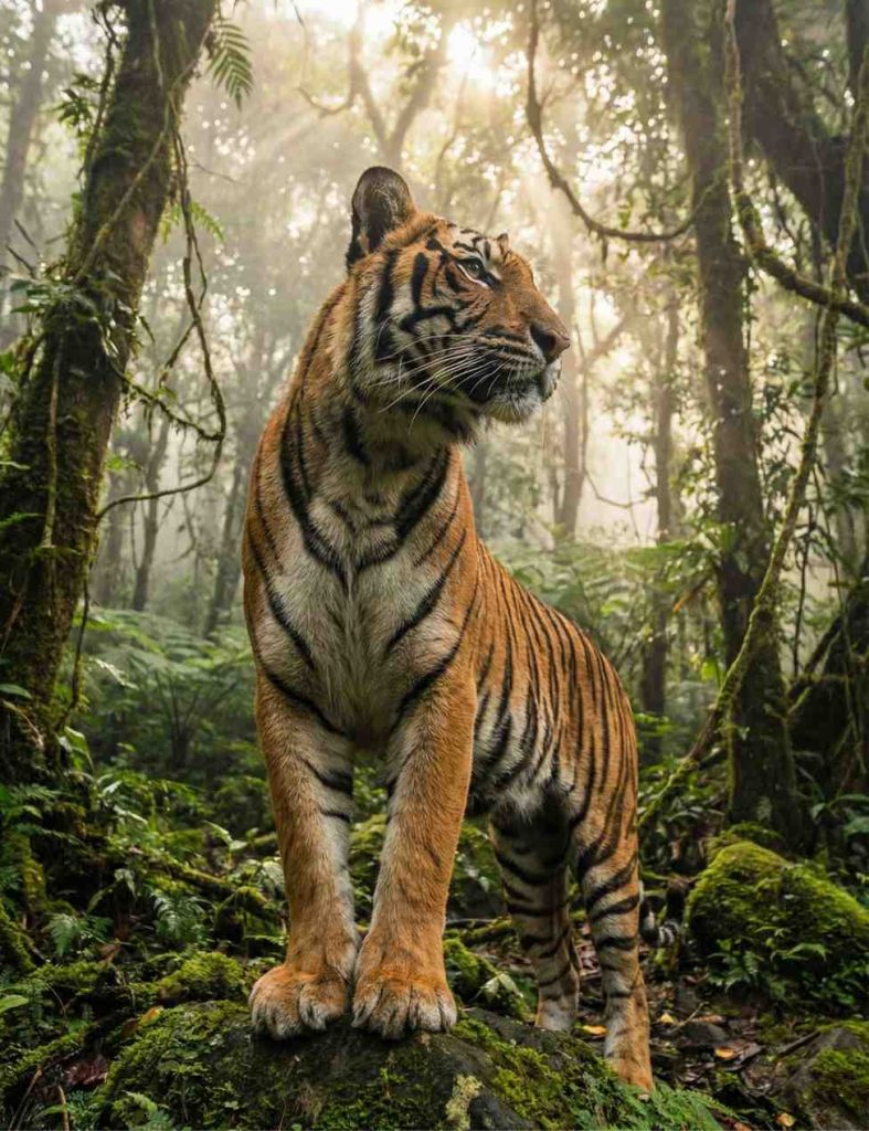 Ilustrasi Harimau Jawa di hutan berkabut.