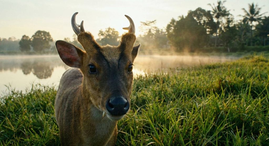 Potret wajah kijang jantan dengan taring, berlatar belakang danau yang berkabut dan cahaya pagi.