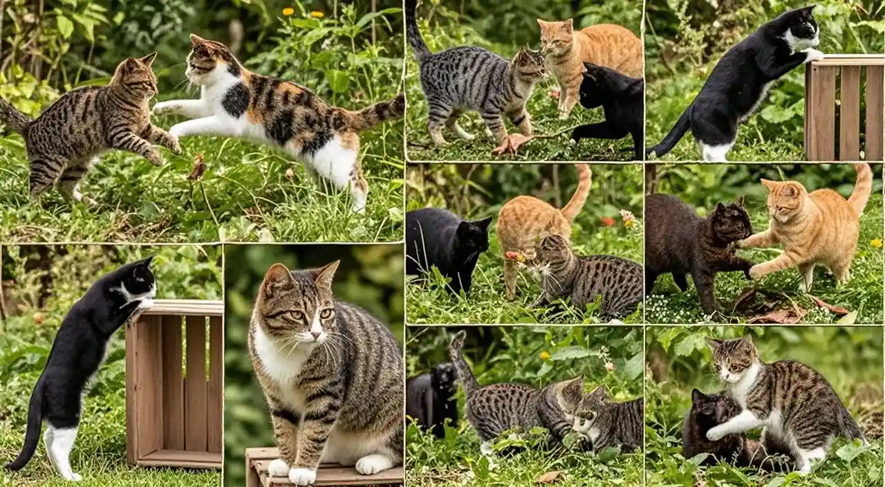 Kolase berbagai foto kucing domestik dengan bermacam-macam warna bulu dan interaksi sosial.