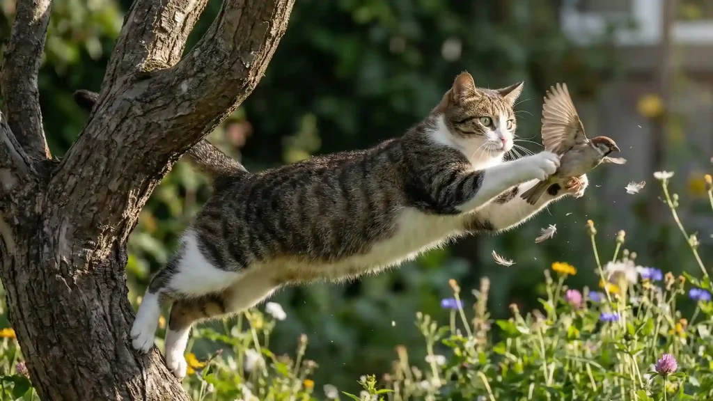 Kucing kampung menerkam burung yang sedang terbang dengan cakar depan yang terbuka.
