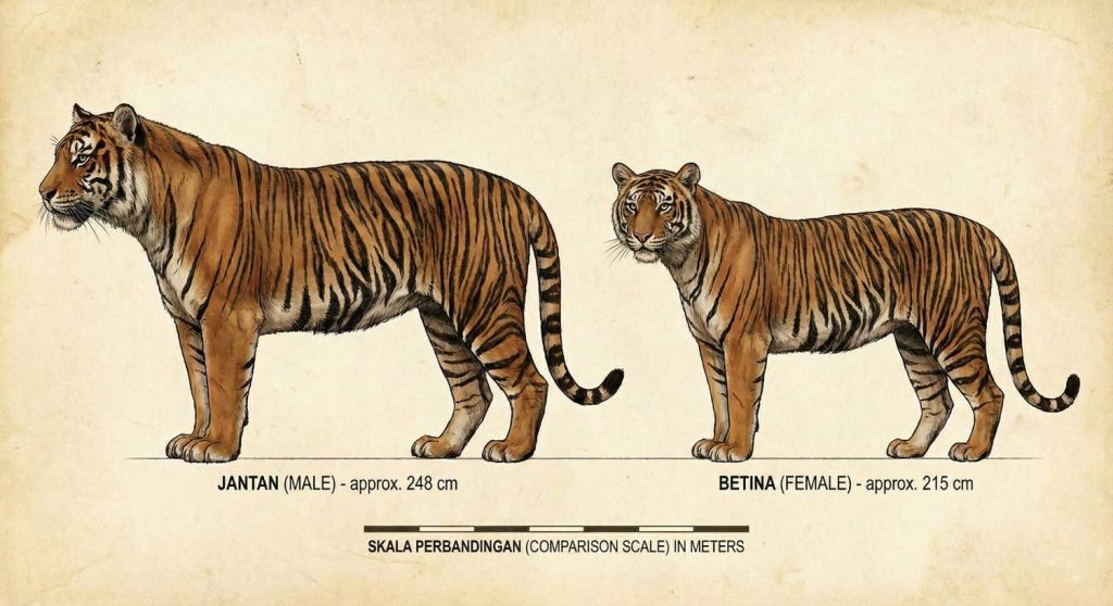 Ilustrasi perbandingan panjang tubuh Harimau Jawa jantan sekitar 248 cm dan betina sekitar 215 cm.