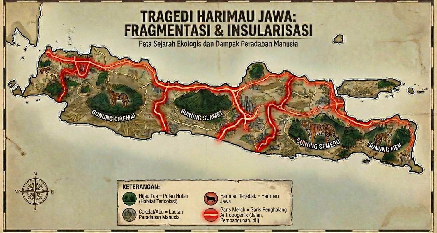 Infografis peta Pulau Jawa yang menunjukkan isolasi habitat hutan dan garis merah penghalang yang menyebabkan kepunahan Harimau Jawa.