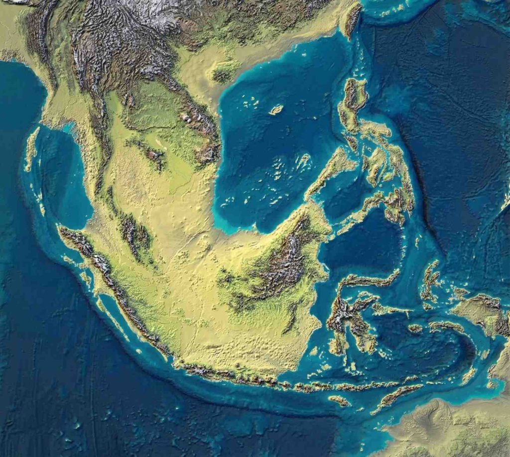 Peta topografi yang menggambarkan wilayah Asia Tenggara pada zaman es ketika Sumatera, Jawa, dan Kalimantan masih menyatu dengan benua Asia.