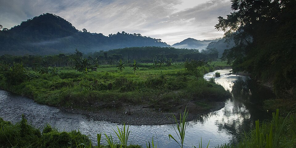 Sebuah sungai besar yang tenang dengan latar belakang pegunungan yang tertutup awan mendung di sore hari.