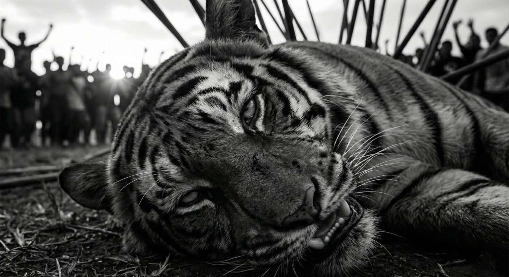 Tragedi Konflik Harimau Foto hitam putih close-up wajah harimau yang terbaring dengan latar belakang kerumunan manusia.