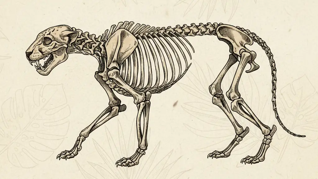 Ilustrasi bergaya sketsa klasik berwarna sepia yang menampilkan kerangka lengkap seekor macan tutul.
