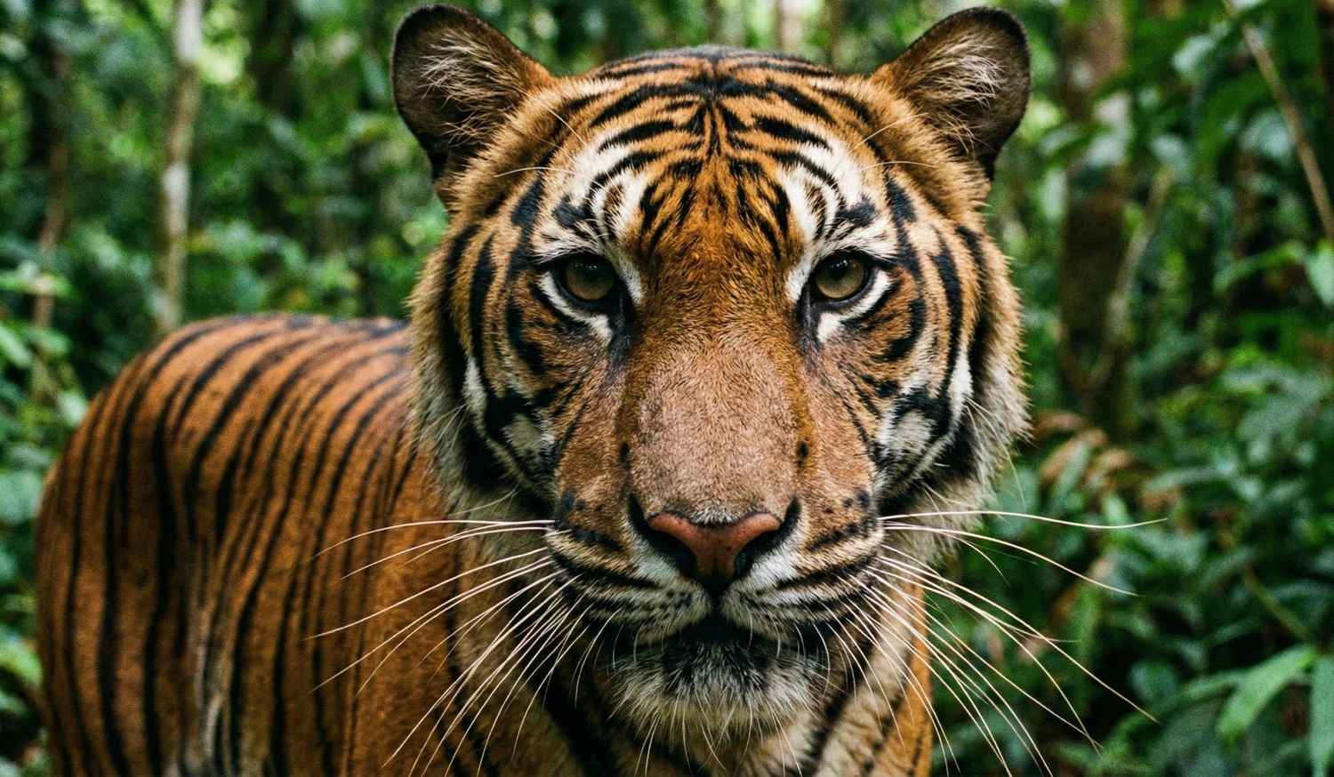 Potret makro wajah harimau yang menampilkan detail tajam pada mata, kumis, dan corak bulu wajah.