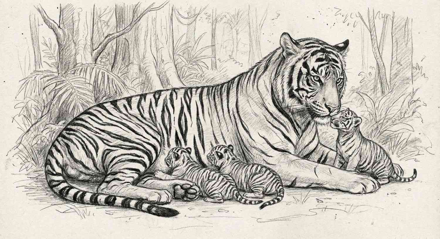 Gambar sketsa pensil hitam putih yang mendetail menampilkan induk harimau sedang bersantai bersama tiga anak harimau.