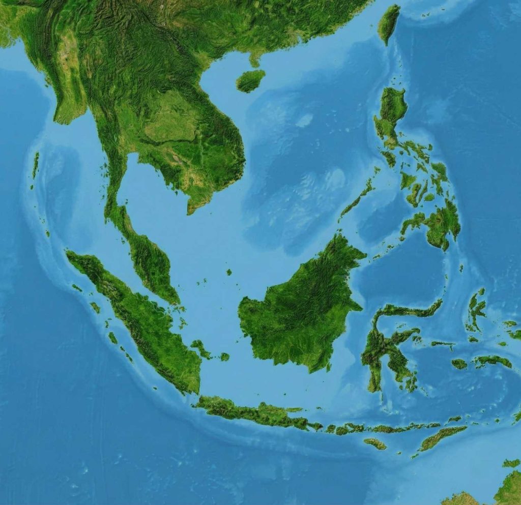Peta satelit berwarna menampilkan bentang alam hijau kepulauan Indonesia, Malaysia, dan sekitarnya.