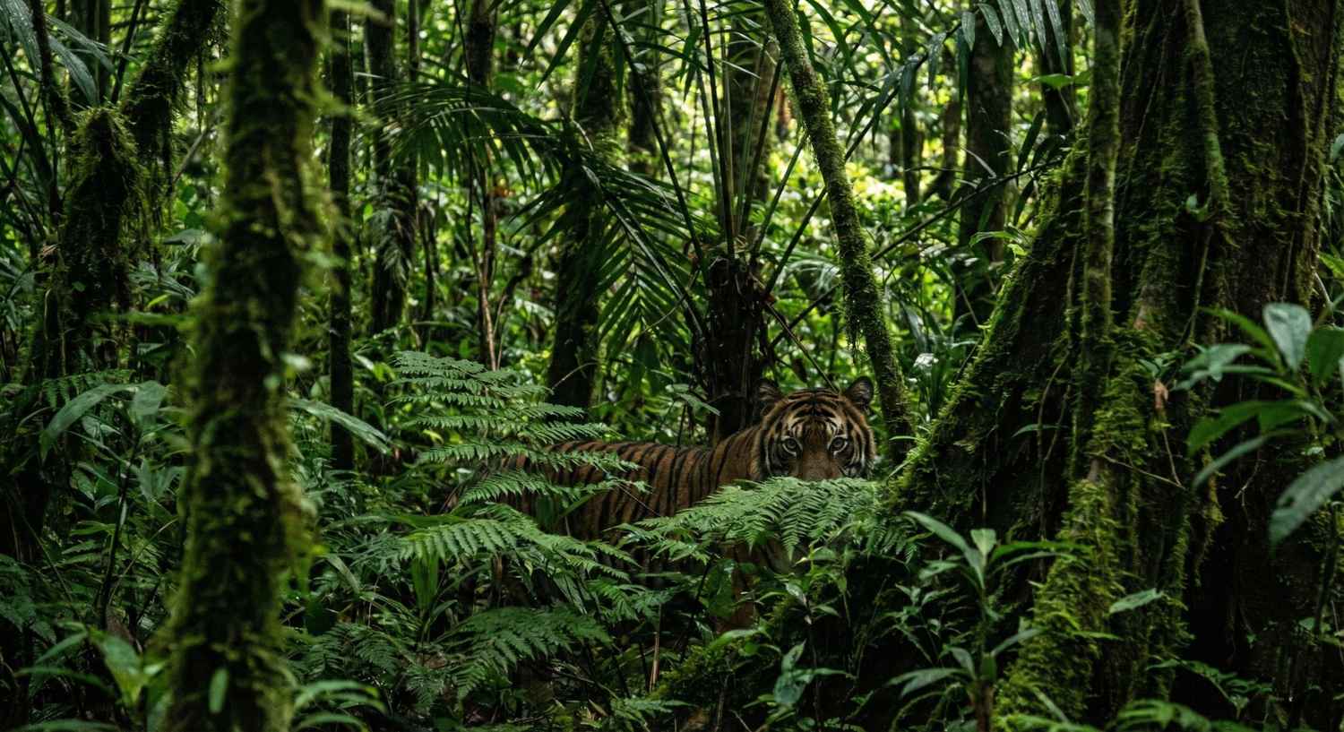 Wajah harimau terlihat samar mengintip dari balik dedaunan pakis hijau yang rimbun di dalam hutan.