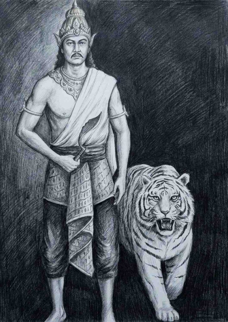Gambar ilustrasi pensil hitam putih yang menampilkan sosok raja Nusantara berdiri gagah di samping seekor harimau putih besar.