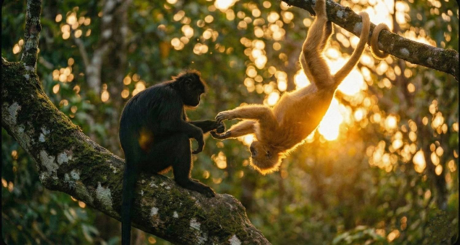 Dua ekor lutung jawa, satu hitam dan satu oranye, sedang berinteraksi di dahan pohon dengan latar cahaya matahari terbenam (bokeh).