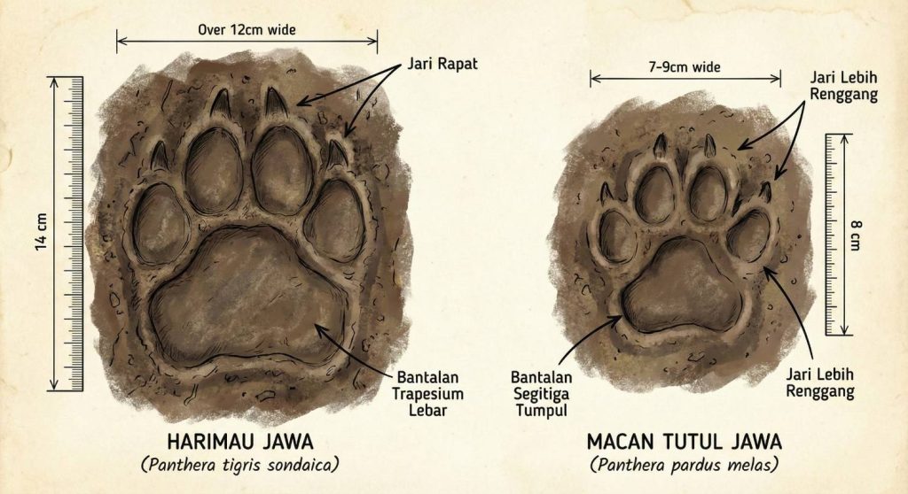 Infografis perbandingan ukuran dan bentuk jejak kaki Harimau Jawa (14 cm) dengan Macan Tutul Jawa (8 cm).