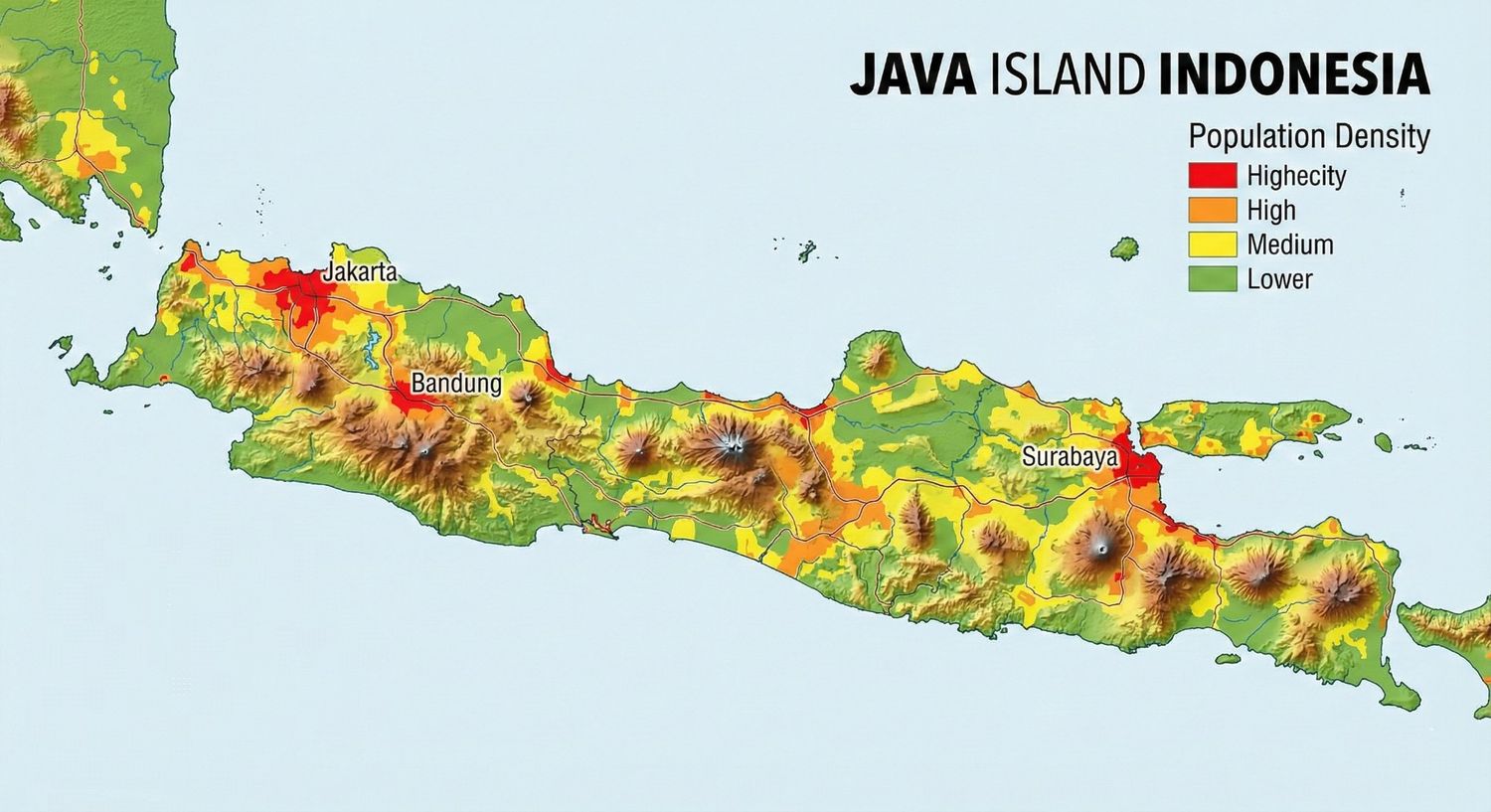Peta Pulau Jawa Indonesia dengan kode warna merah, oranye, kuning, dan hijau menunjukkan tingkat kepadatan populasi manusia.