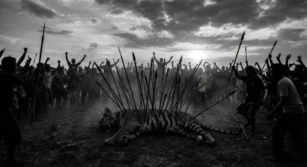 Foto hitam putih harimau yang tumbang dengan banyak tombak tertancap di tubuhnya dikelilingi kerumunan massa.