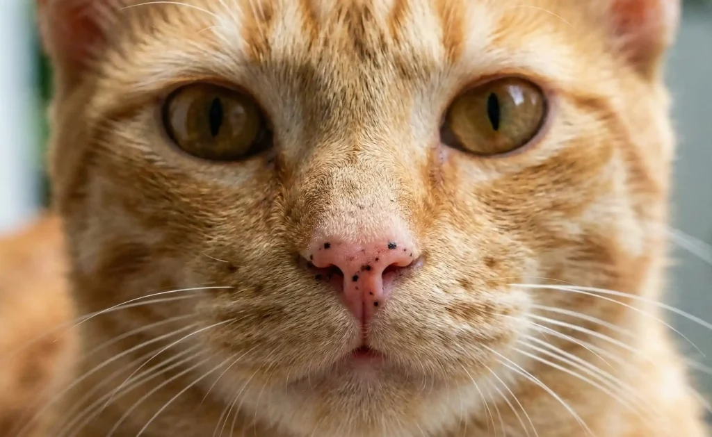 Wajah kucing oranye yang memiliki bintik hitam di sekitar hidung dan mata.