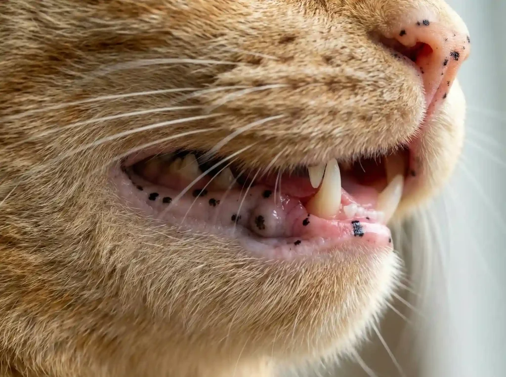 Bintik hitam lentigo simplex pada area mulut dan gusi kucing oranye.