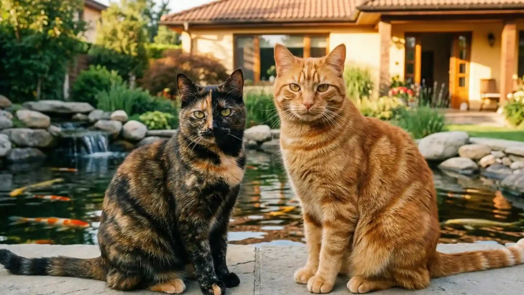 Seekor kucing tortoiseshell hitam-oranye dan seekor kucing oranye tabby duduk berdampingan di pinggir kolam ikan hias.