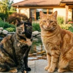 Seekor kucing tortoiseshell hitam-oranye dan seekor kucing oranye tabby duduk berdampingan di pinggir kolam ikan hias.