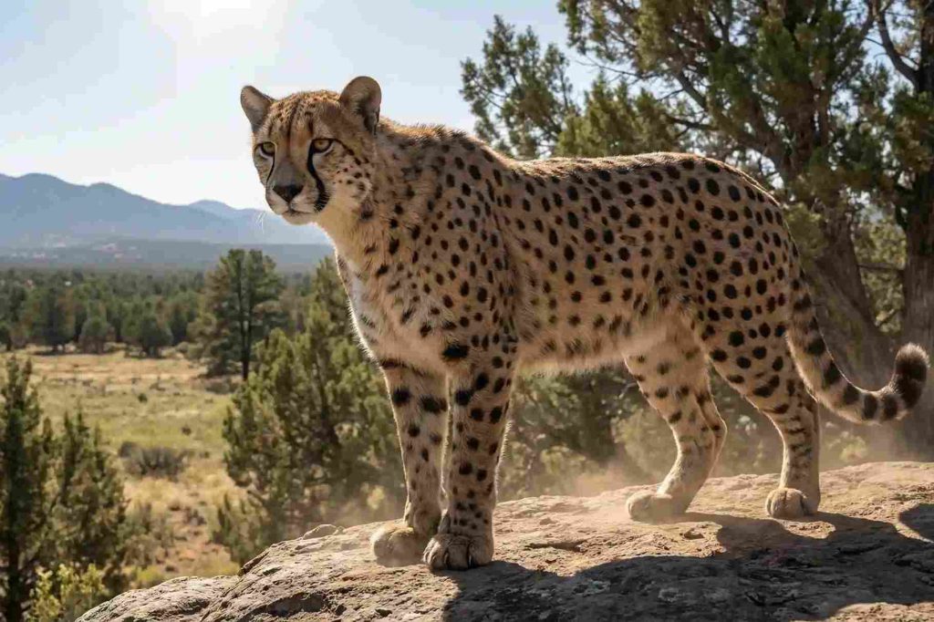 Cheetah Amerika berdiri gagah di atas batu