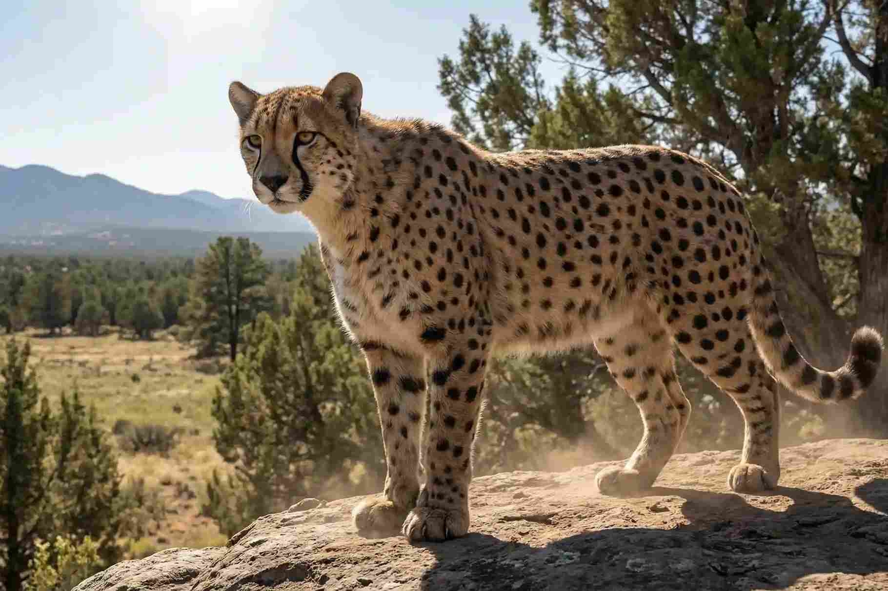 Cheetah Amerika berdiri gagah di atas batu