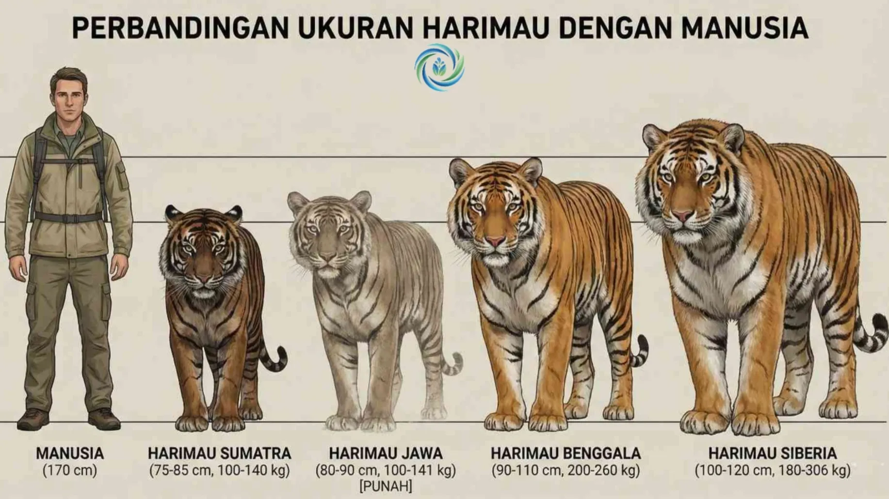 Diagram infografis membandingkan ukuran tubuh manusia dengan Harimau Sumatra, Jawa, Benggala, dan Siberia.