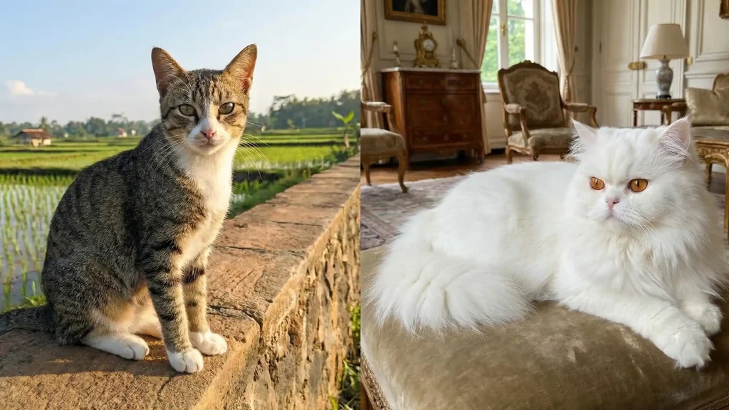Perbandingan visual antara kucing kampung (domestik) di area persawahan dan kucing ras Persia putih di dalam ruangan mewah.