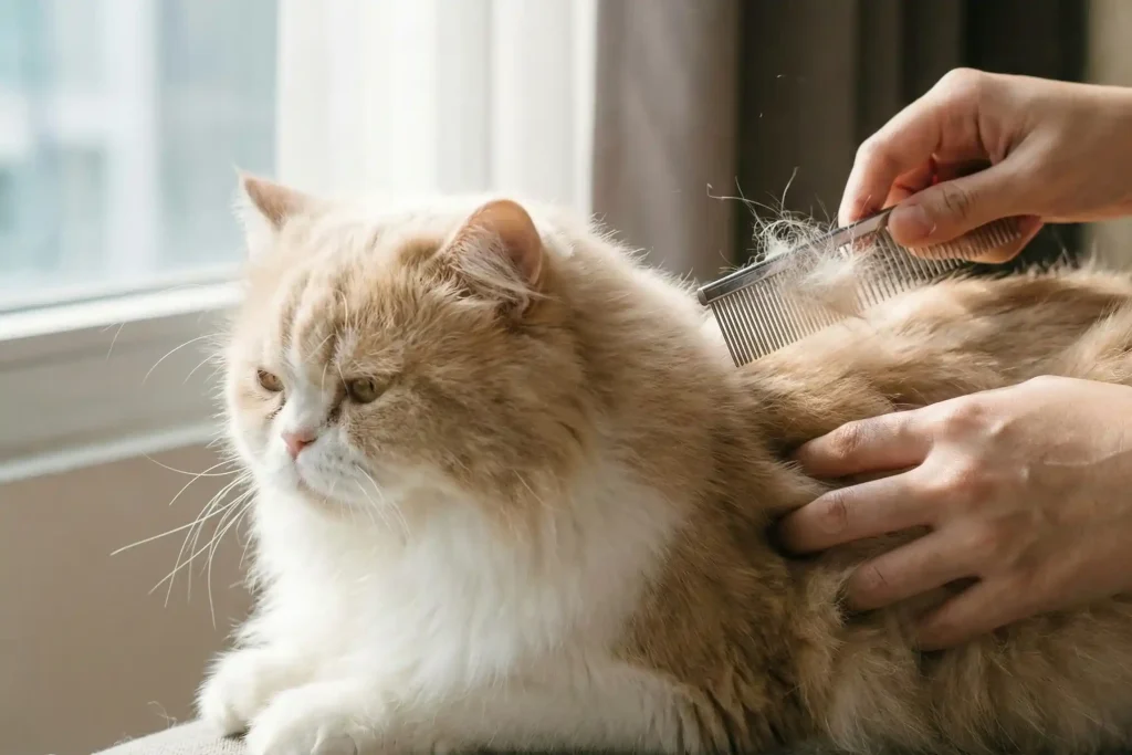Tangan seseorang sedang menyisir bulu kucing longhair berwarna krem dan putih menggunakan sisir besi.