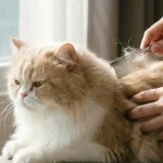 Tangan seseorang sedang menyisir bulu kucing longhair berwarna krem dan putih menggunakan sisir besi.