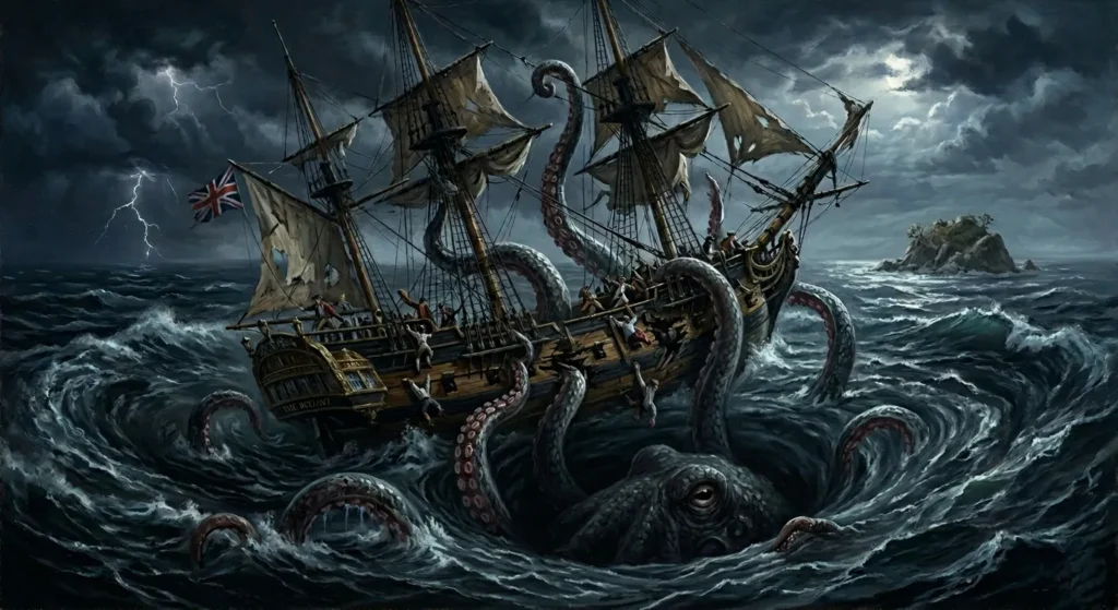 Ilustrasi kapal abad ke-18 yang terperangkap dalam misteri legenda kraken.